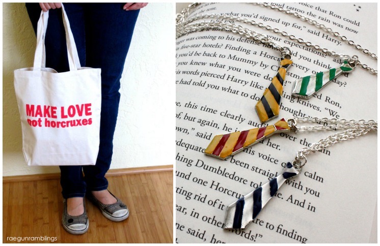 Harry Potter swag fun Make Love Not Horcruxes bag and Hogwarts House necklaces