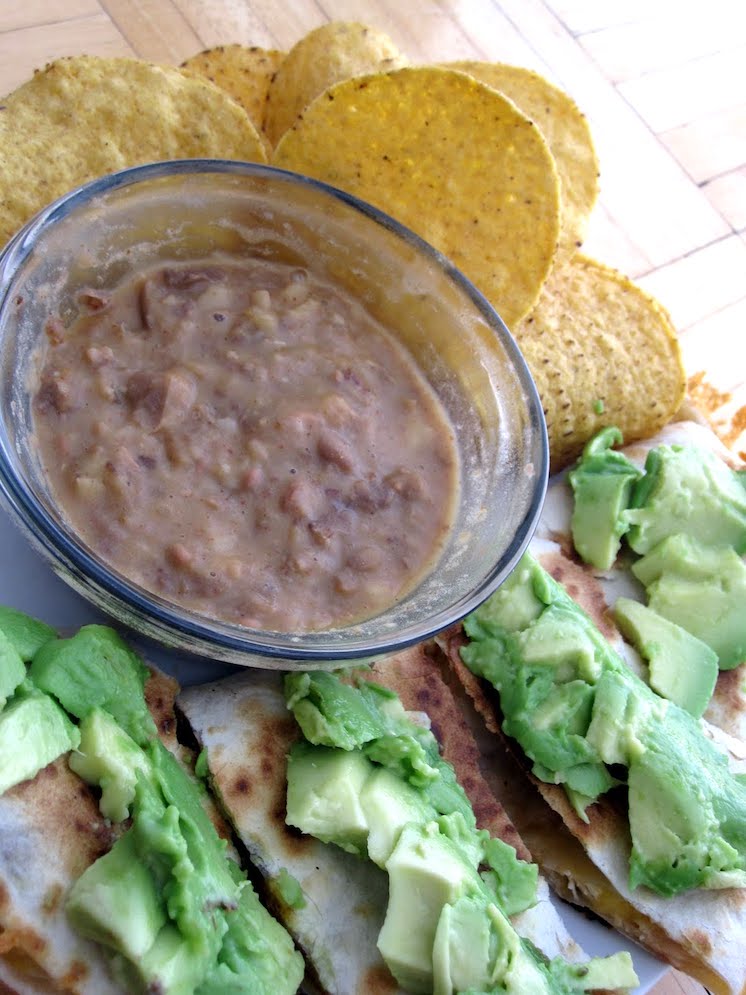 Homemade Refried Beans with Quesadillas Chips and Avocado