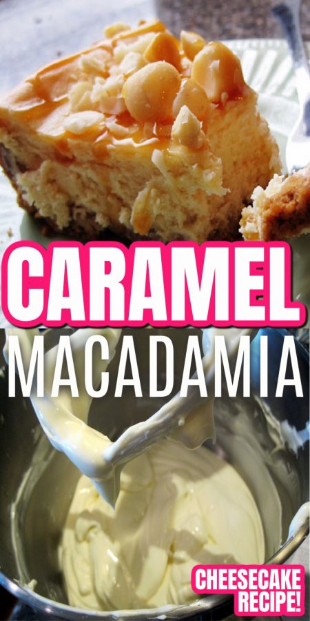 slice of caramel macadamia nut cheesecake and batter