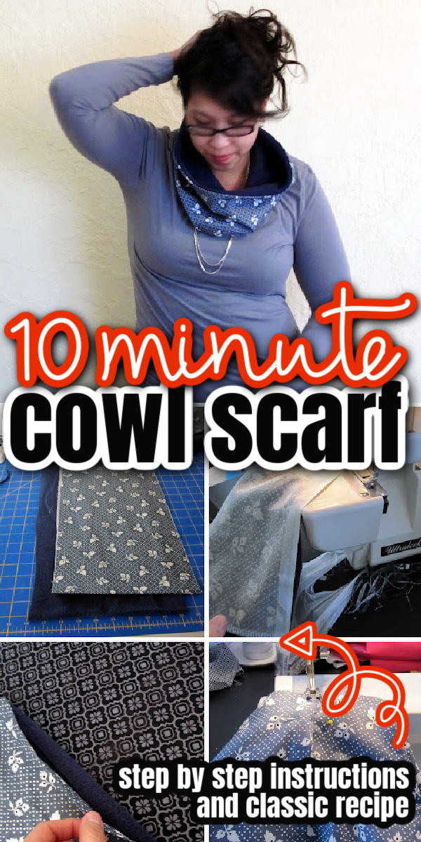woman wearing cowl and steps to make cowl