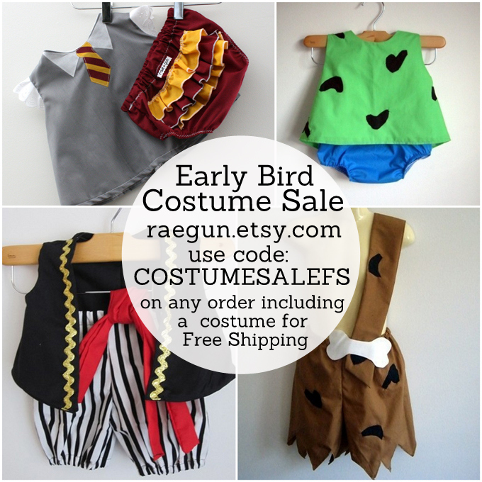 early bird costume sale raegun.etsy.com has the cutest costumes for babies and toddlers #costume #halloween #harrypotter #pebbles #bambam #pirates #flintstones