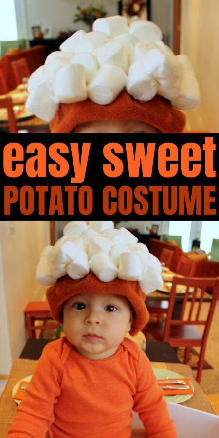 baby wearing a sweet potato costume hat with marshmallows