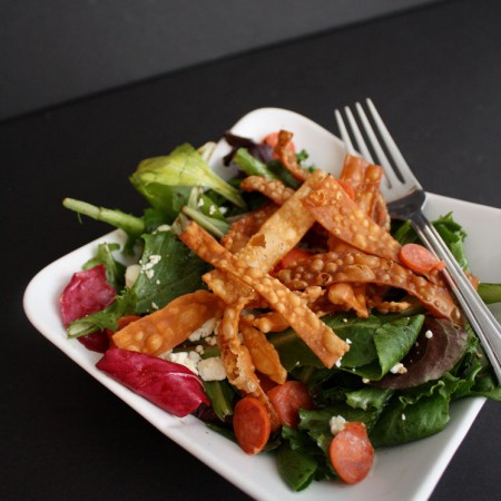 Super great pepperoni feta salad with crispy noodles