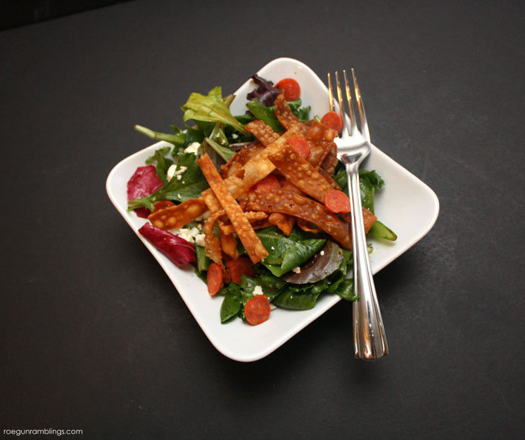 Super great pepperoni feta salad with crispy noodles
