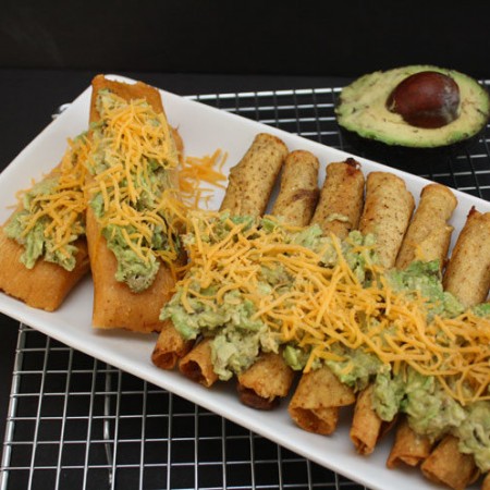 Delicious and easy tamales and taquitoes with fast avocado topping