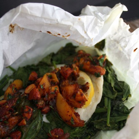 Love this fish baked in parchment with spinach topped with warm apricot and date salad recipe. Delicious and healthy dinner with little clean up.
