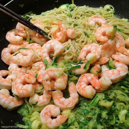 Easy way to please everyone with regular pasta and zoodles. zucchini noodles. 20 minute creamy pesto and shrimp recipe. SO yummy for weeknight dinners