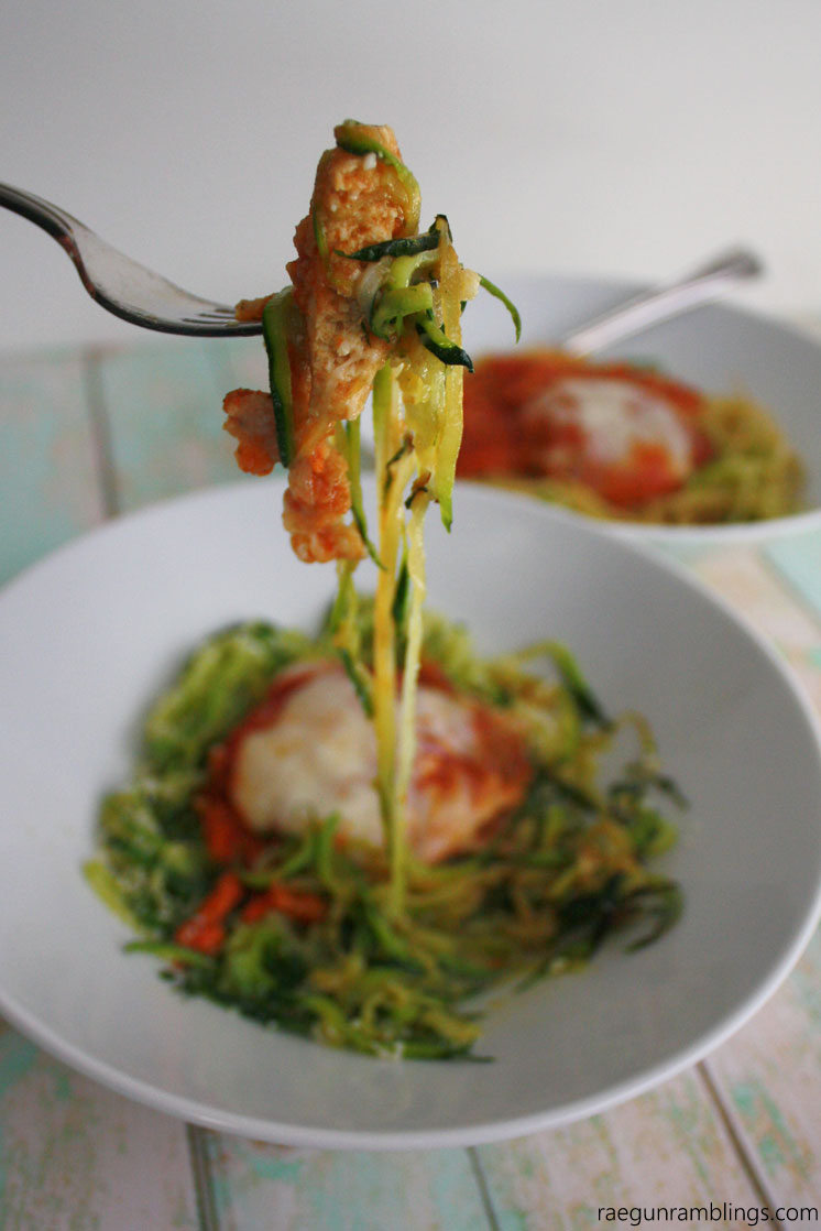 Delicious but light low calorie chicken parmesan. Great Parmesan zoodle zucchini noodle recipe