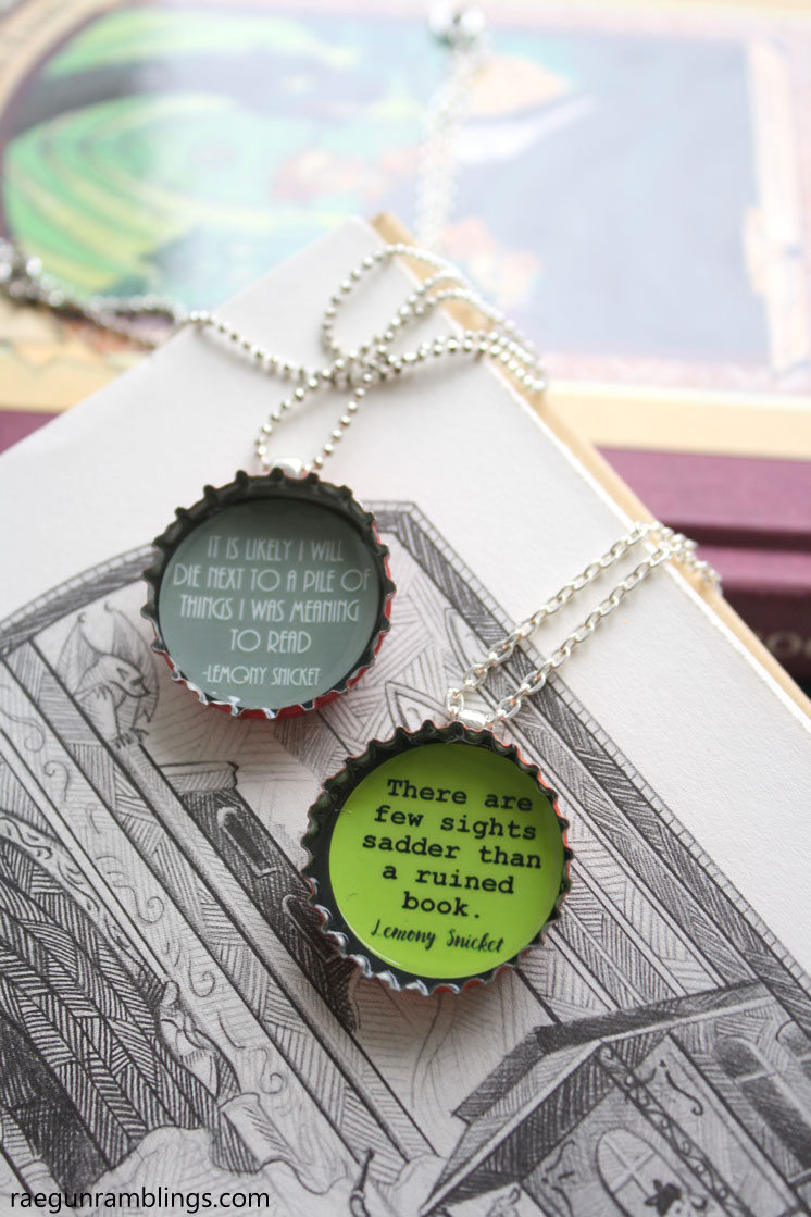 DIY book nerd necklaces. Cute upcycled bottle cap craft tutorial