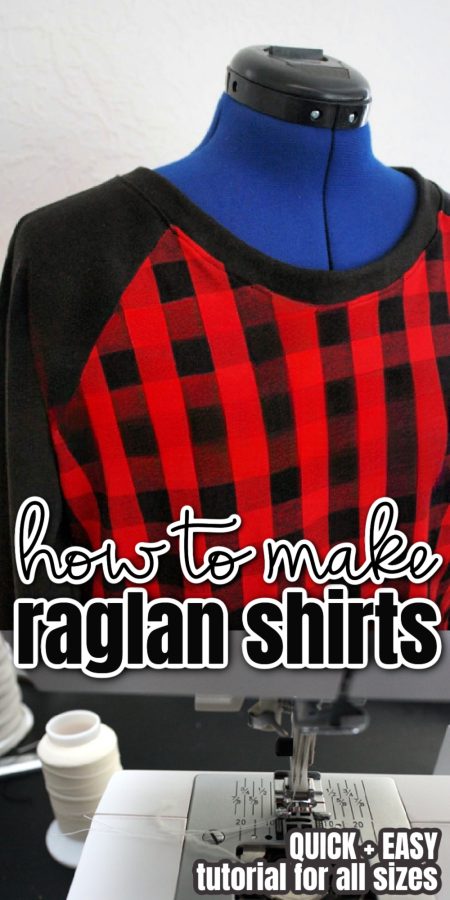 black and red buffalo plaid raglan shirt on blue dress form