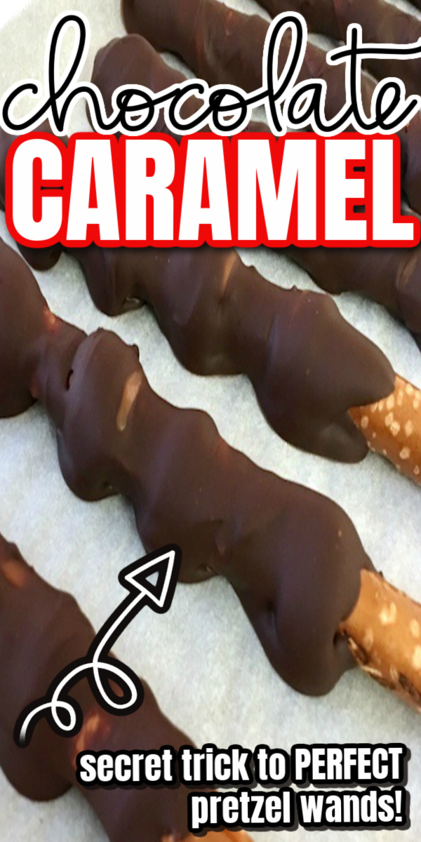 chocolate caramel pretzel wands on a tray