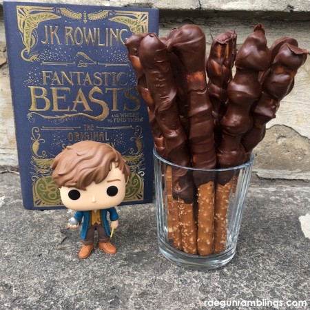 delicious chocolate caramel pretzel wands for fantastic beasts and harry potter parties