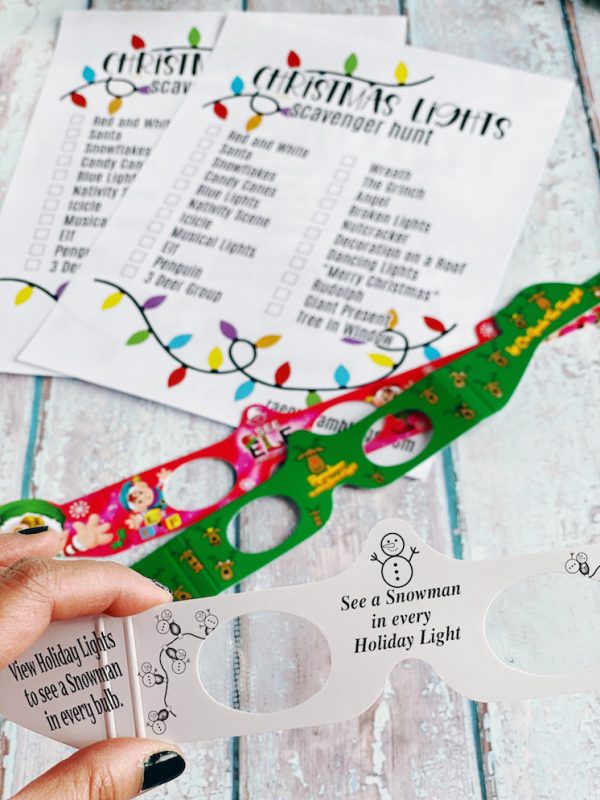 Instructions for 3d christmas light glasses and scavenger hunt
