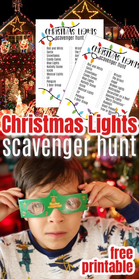 Christmas Scavenger Hunt Printable pages and kid in 3d Christmas Light glasses