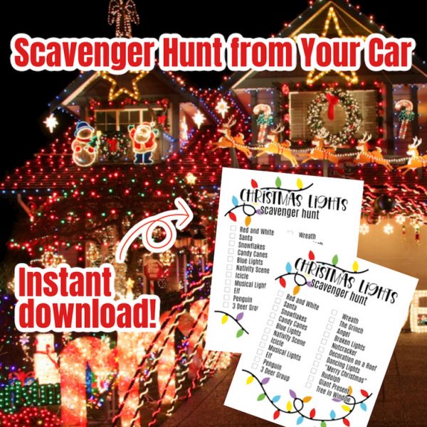 Christmas lights on house and scavenger hunt printables