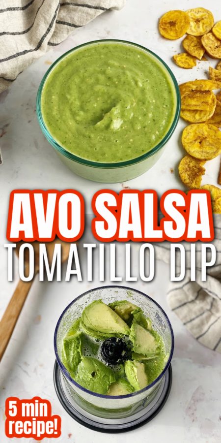 bow of avocado salsa and blender with avocado and tomatillos
