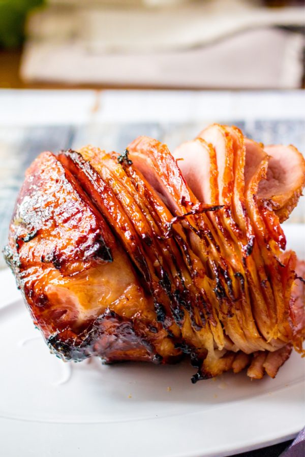 baked spiral sliced ham on plate