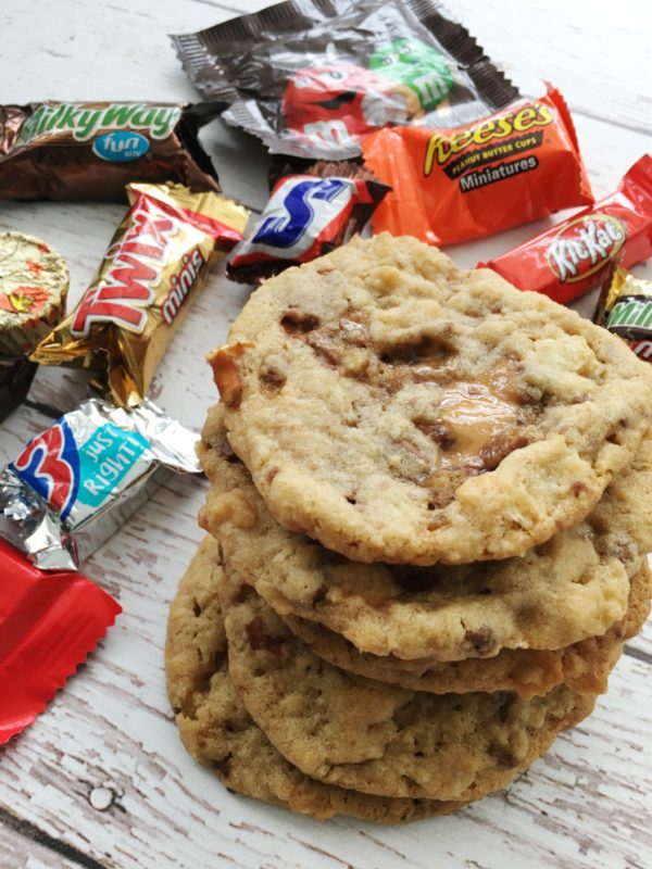 Stack of candy cookies and leftover halloween candy