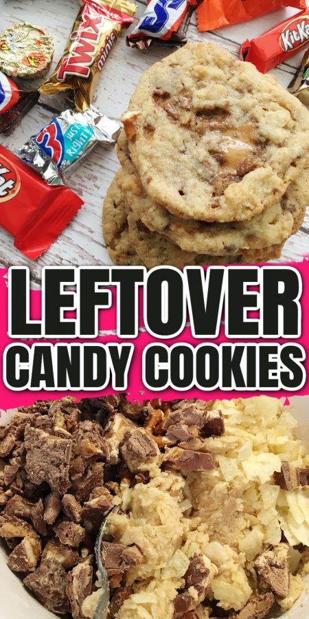 pile of leftover candy cookies and ingredients for cookie dough