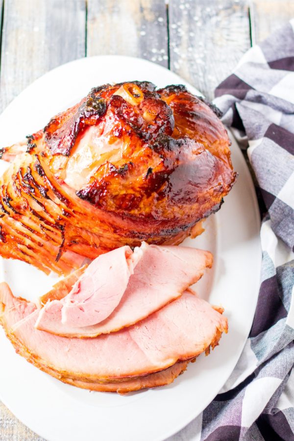 plate of glazed spiral sliced ham