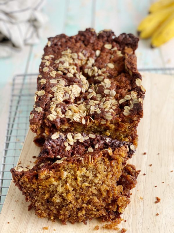 sliced oatmeal banana bread loaf