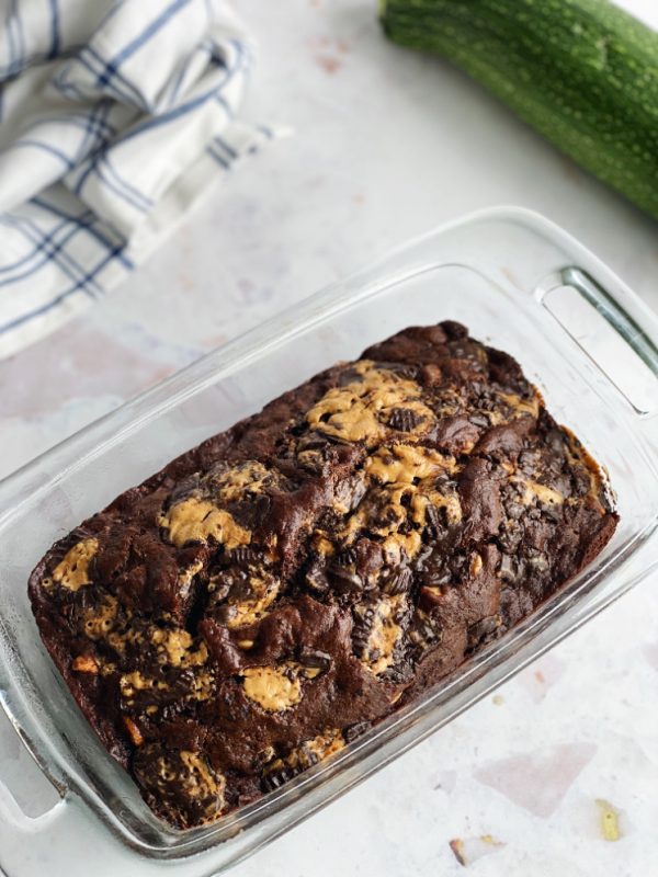pan of peanut butter chocolate zucchini bread