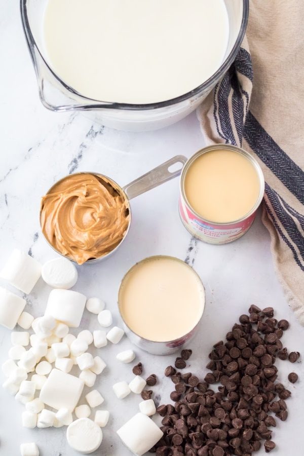 milk peanut butter sweetened condensed milk chocolate chips ingredients for slow cooker hot chocolate