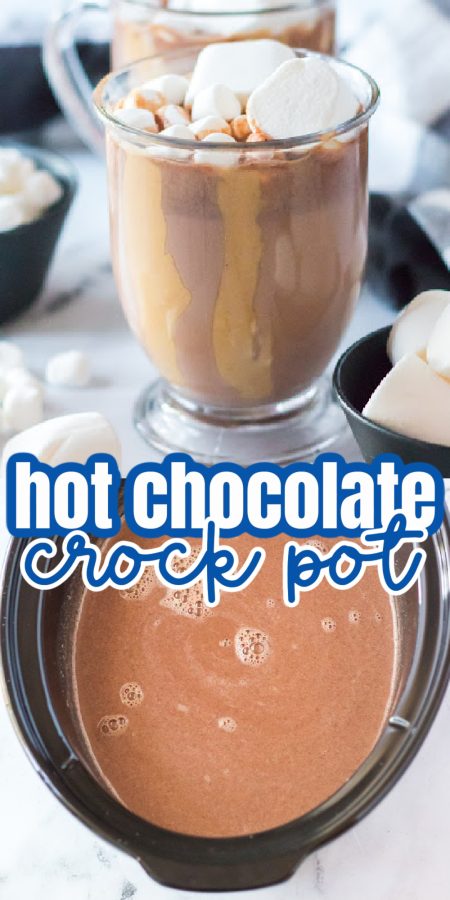 glass of peanut butter hot chocolate with marshmallows and crock pot hot chocolate