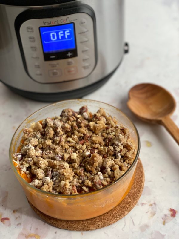 sweet potato casserole with pecans and instant pot wooden spoon