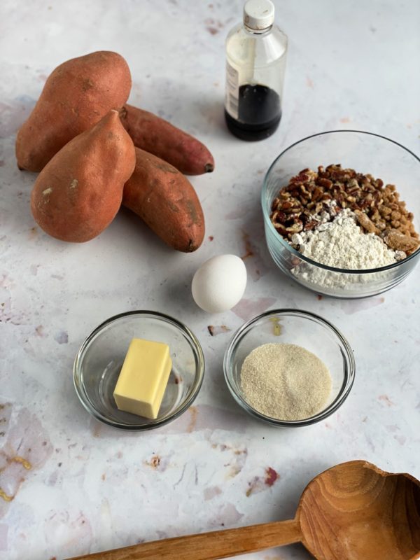 sweet potato pecans flour egg butter sugar vanilla