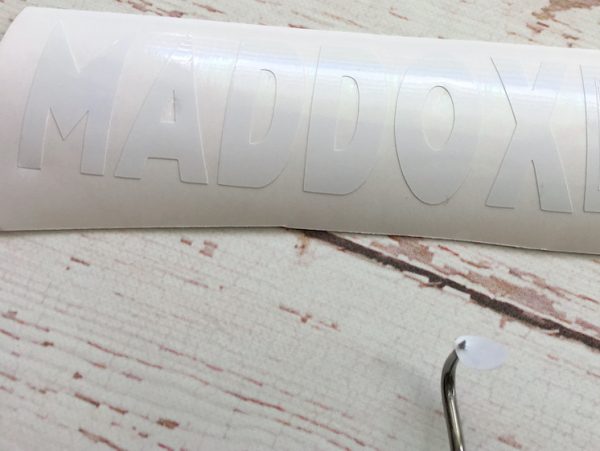 white vinyl Maddox name and wedding tool
