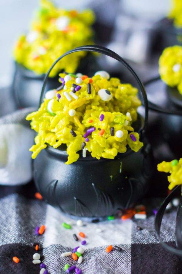 cauldron cakes topped with rice kripies to look like a bubbling cauldron dessert