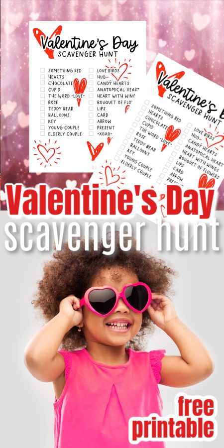 Valentine's Day scavenger hunt printout and girl in heart glasses