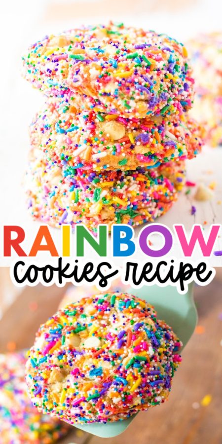 stack of sprinkle cookies and rainbow cookie on spatula