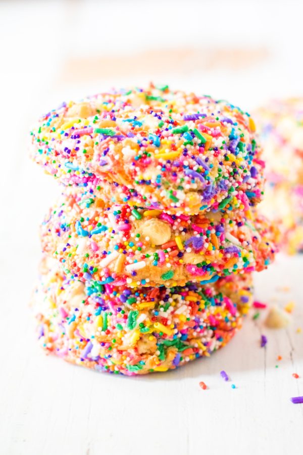 stack of funfetti cookies sprinkle cookies