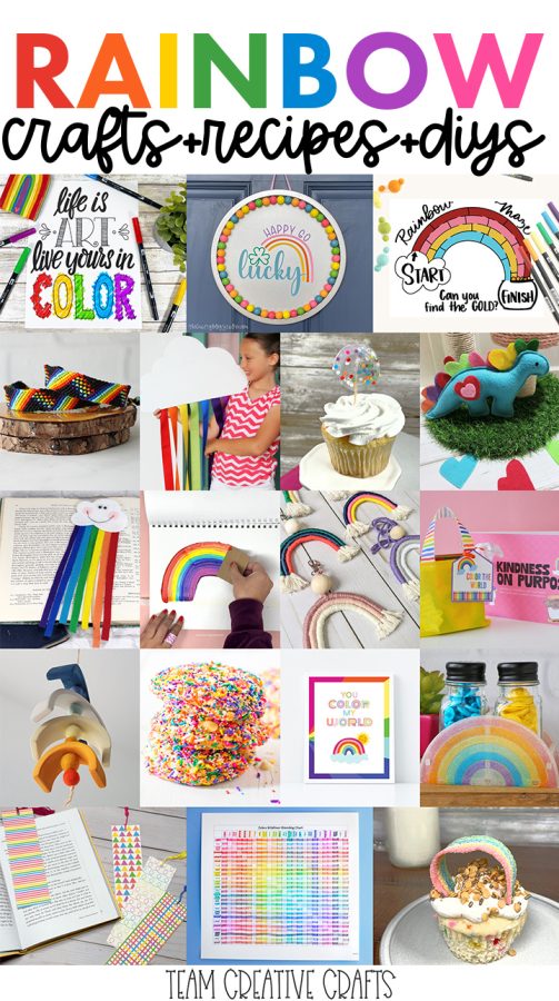 collage of rainbow themed crafts recipes