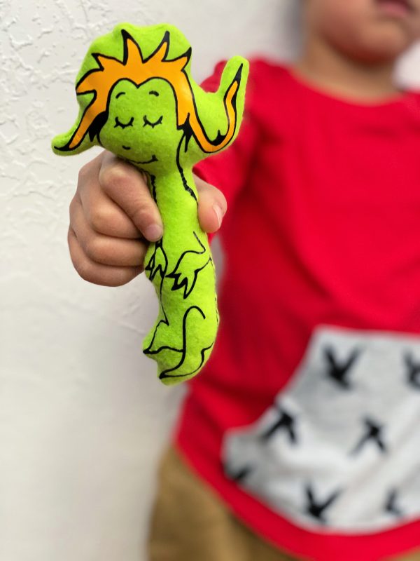 boy holding a stuffed wocket in my pocket from dr. Seuss book