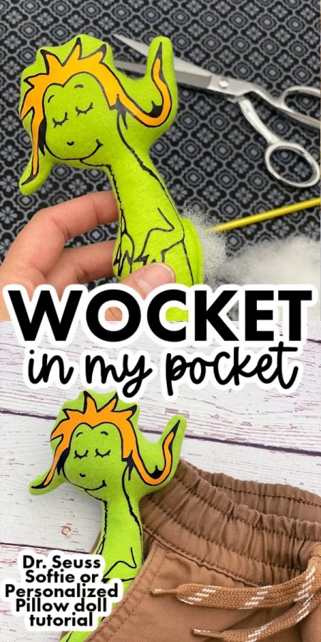image of felt pillow doll in the shape of dr. Seuss's wocket in my pocket